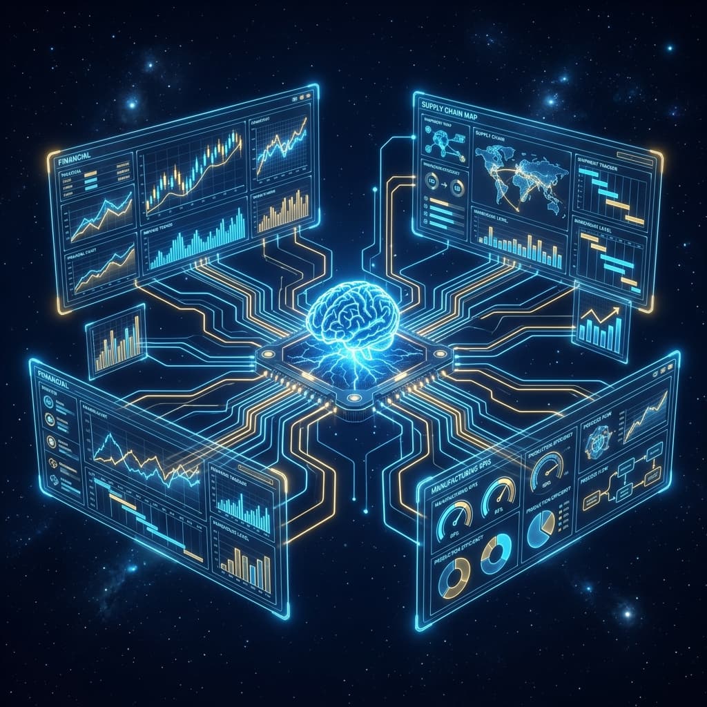 AI powered finance, supply chain, and manufacturing dashboards connected to a central cloud ERP brain